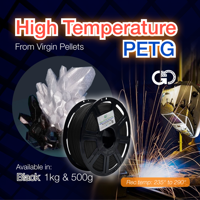 Black: High Temperature, Virgin PET-G (The Ultimate Carbon Footprint Reduction: Formulated to melt in the PET recycle stream!)