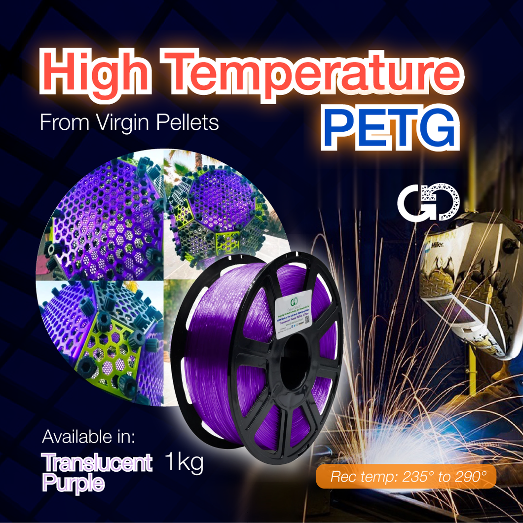 Translucent Purple: High Temperature, Virgin PET-G (The Ultimate Carbon Footprint Reduction: Formulated to melt in the PET recycle stream!)